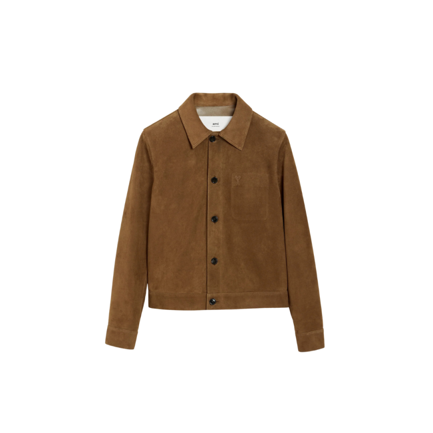 Veste boutonnée AMI Paris cuir suède chèvre marron cœur poitrine