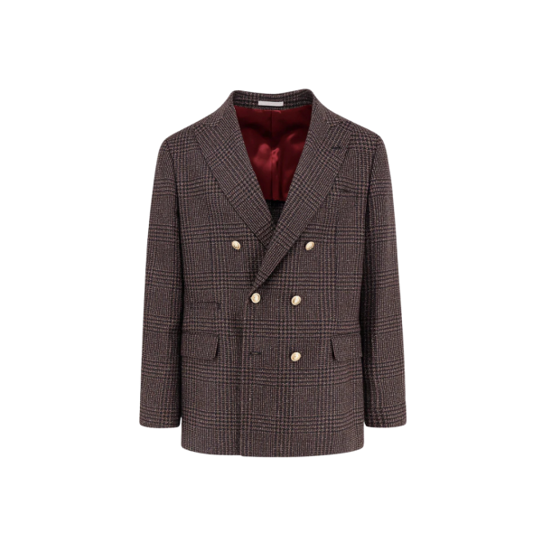 Veste croisée BRUNELLO CUCINELLI laine Prince de Galles marron chocolat