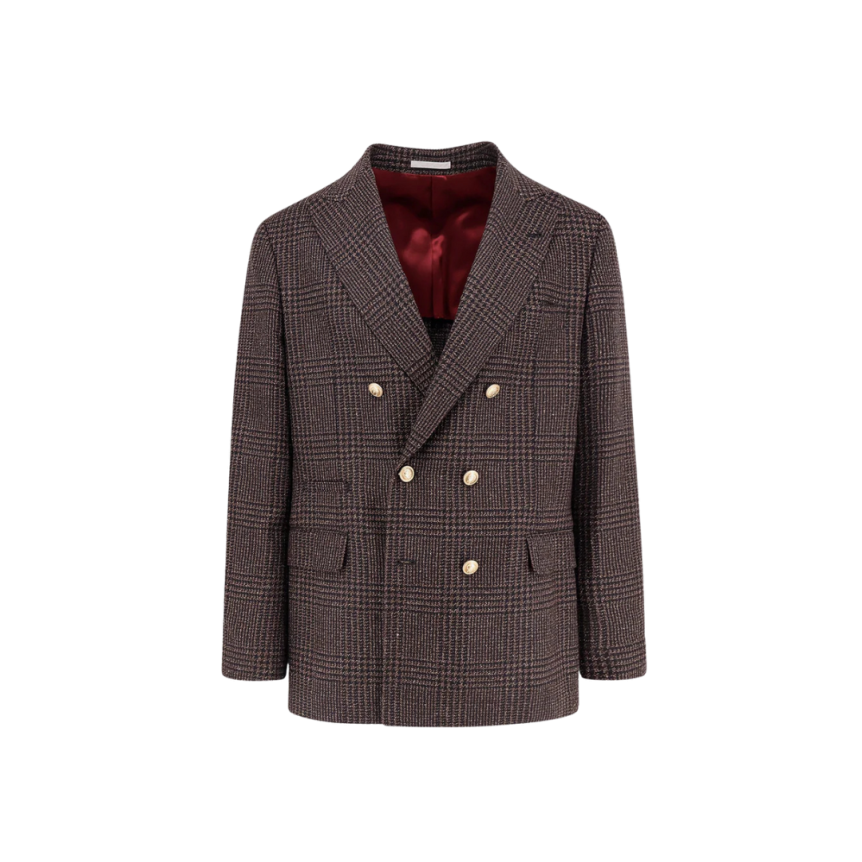 Veste croisée BRUNELLO CUCINELLI laine Prince de Galles marron chocolat