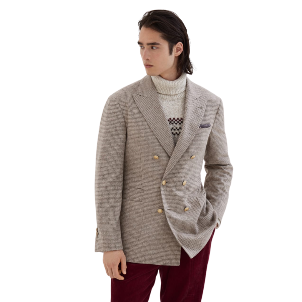 Veste demi croisée BRUNELLO CUCINELLI flanelle soie laine cachemire mouchetée carreaux beige