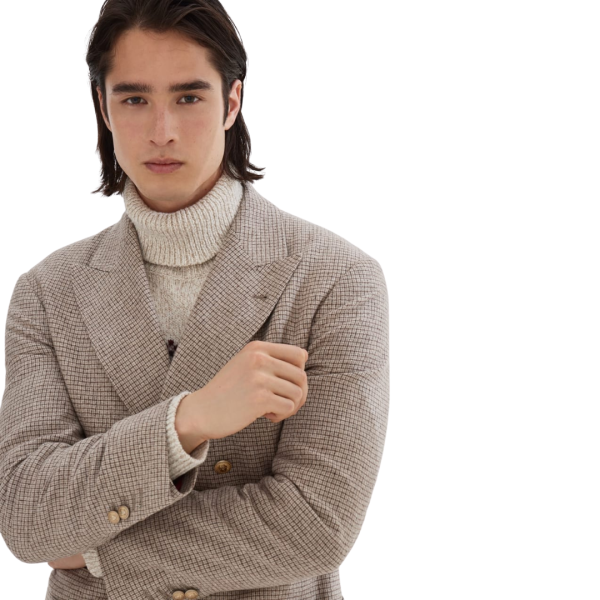Veste demi croisée BRUNELLO CUCINELLI flanelle soie laine cachemire mouchetée carreaux beige
