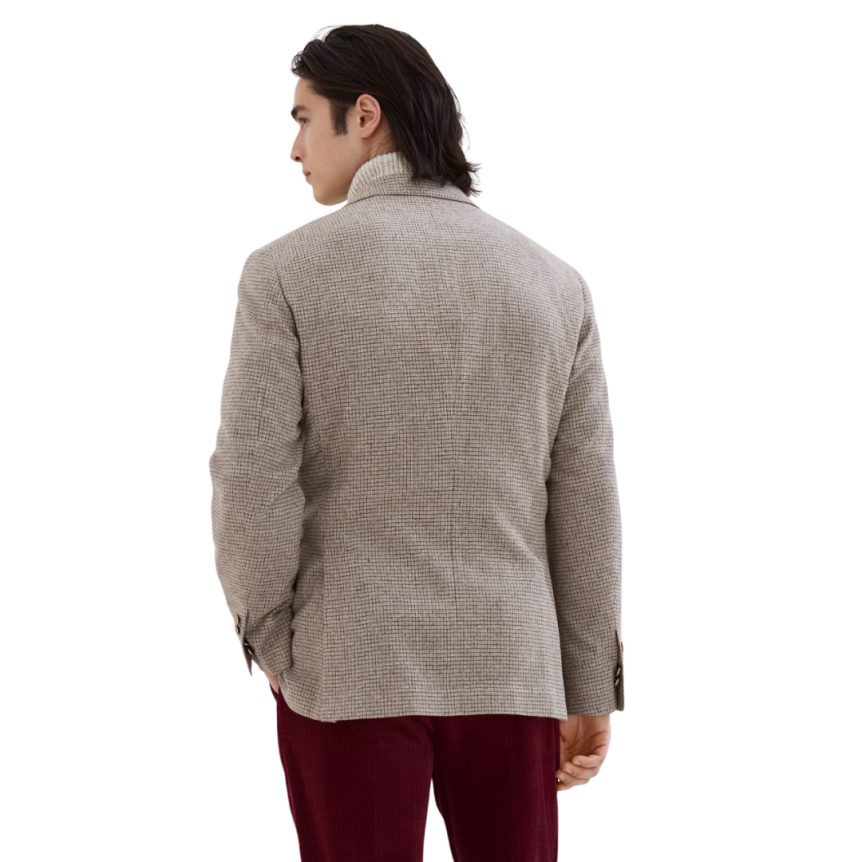 Veste demi croisée BRUNELLO CUCINELLI flanelle soie laine cachemire mouchetée carreaux beige