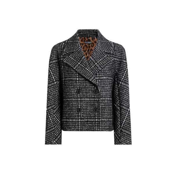 Caban court DOLCE & GABBANA Veste croisée  laine mohair alpaga pied-de-poule noir blanc