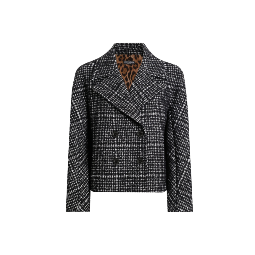 Caban court DOLCE & GABBANA Veste croisée  laine mohair alpaga pied-de-poule noir blanc