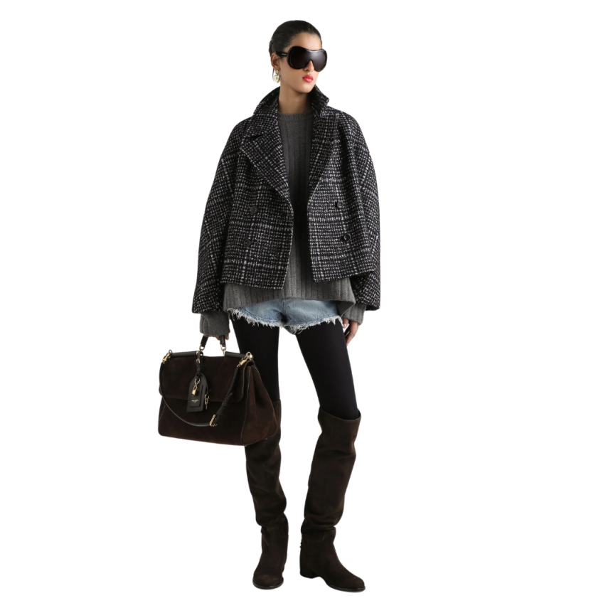 Caban court DOLCE & GABBANA Veste croisée  laine mohair alpaga pied-de-poule noir blanc