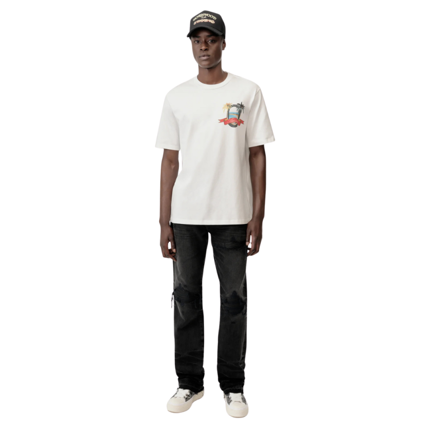 T-shirt AMIRI Paradise col rond coton écru imprimé palmier