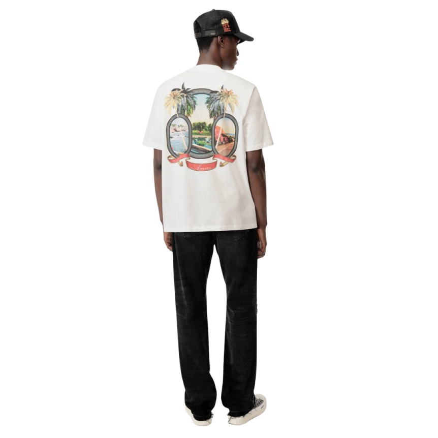 T-shirt AMIRI Paradise col rond coton écru imprimé palmier