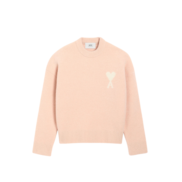 Pull col rond AMI Paris alpaga laine rose saumon cœur écru