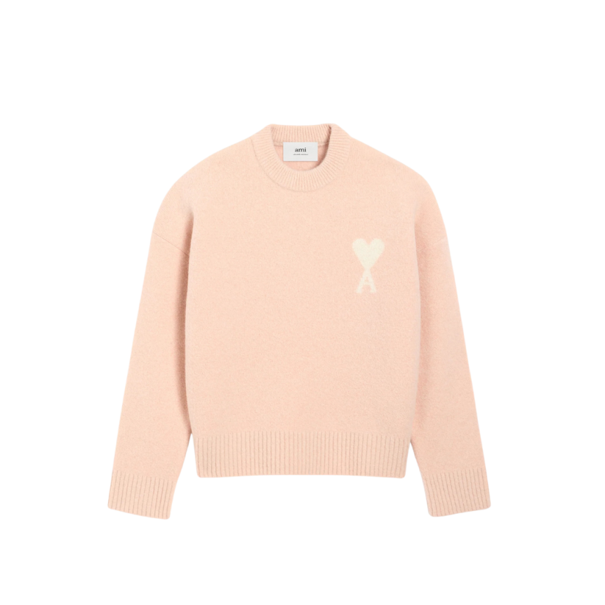 Pull col rond AMI Paris alpaga laine rose saumon cœur écru