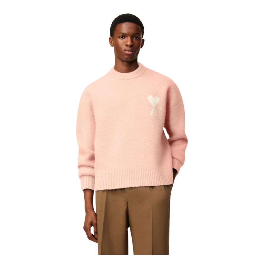 Pull col rond AMI Paris alpaga laine rose saumon cœur écru