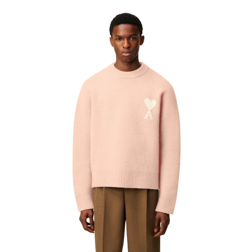 Pull col rond AMI Paris alpaga laine rose saumon cœur écru