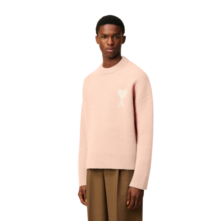 Pull col rond AMI Paris alpaga laine rose saumon cœur écru