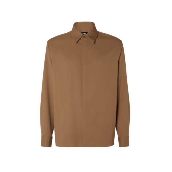 Chemise manche longue FENDI gabardine laine camel FF relief col dos