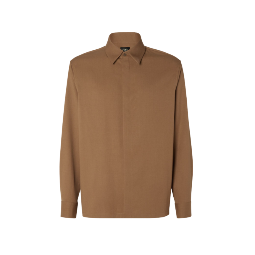 Chemise manche longue FENDI gabardine laine camel FF relief col dos
