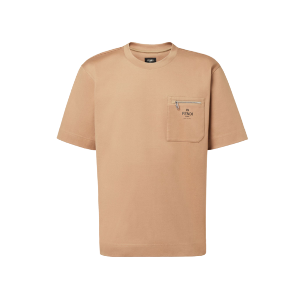 FENDI T-shirt col rond coton camel poche zippée Fendi Roma