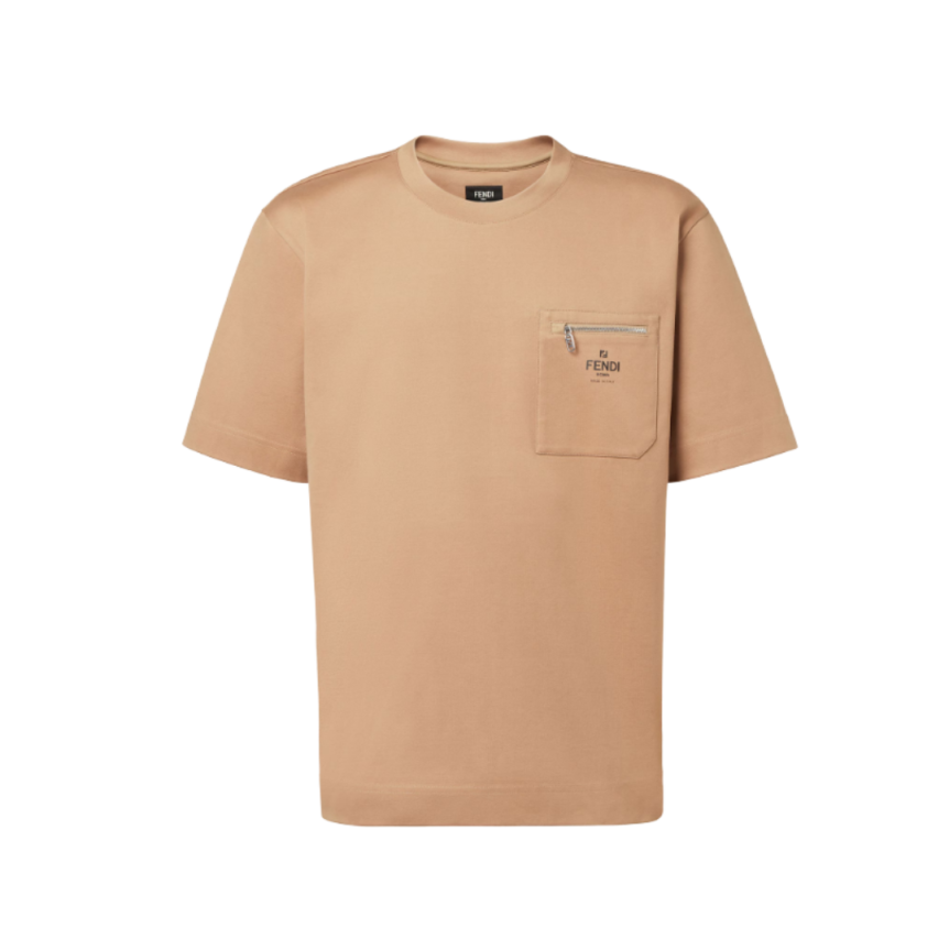 FENDI T-shirt col rond coton camel poche zippée Fendi Roma