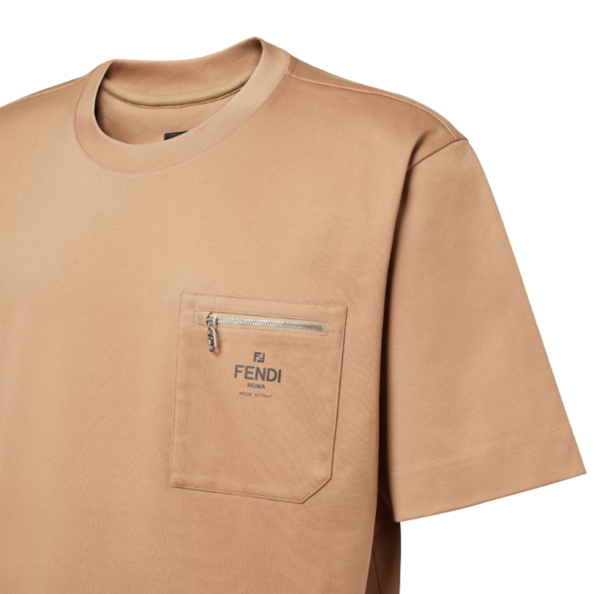 FENDI T-shirt col rond coton camel poche zippée Fendi Roma
