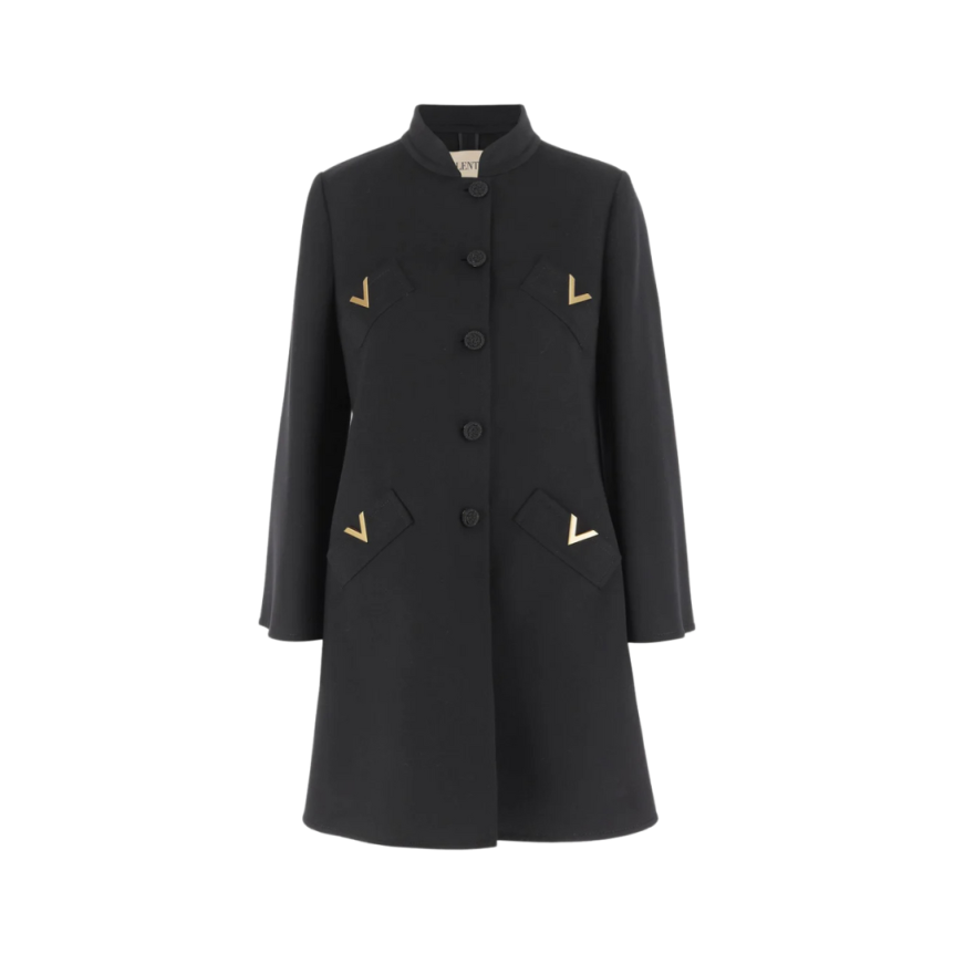 Manteau VALENTINO laine vierge cachemire noir Vlogo doré poche