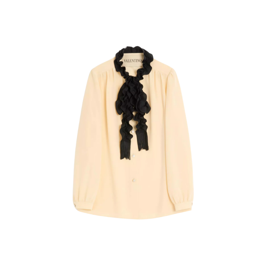 Chemise VALENTINO soie vanille volants bouton lien col montant noir