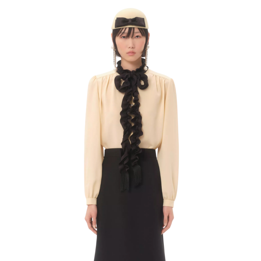 Chemise VALENTINO soie vanille volants bouton lien col montant noir