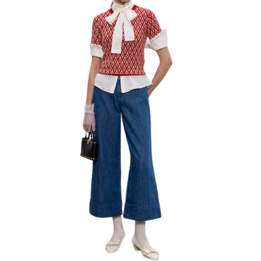 Pull manche courte VALENTINO laine écru Vlogo rouge