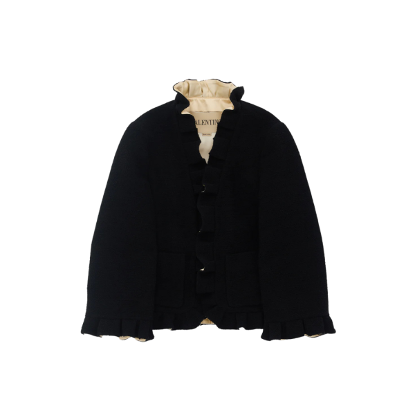 Veste boutonnée VALENTINO col montant laine vierge noir volant écru