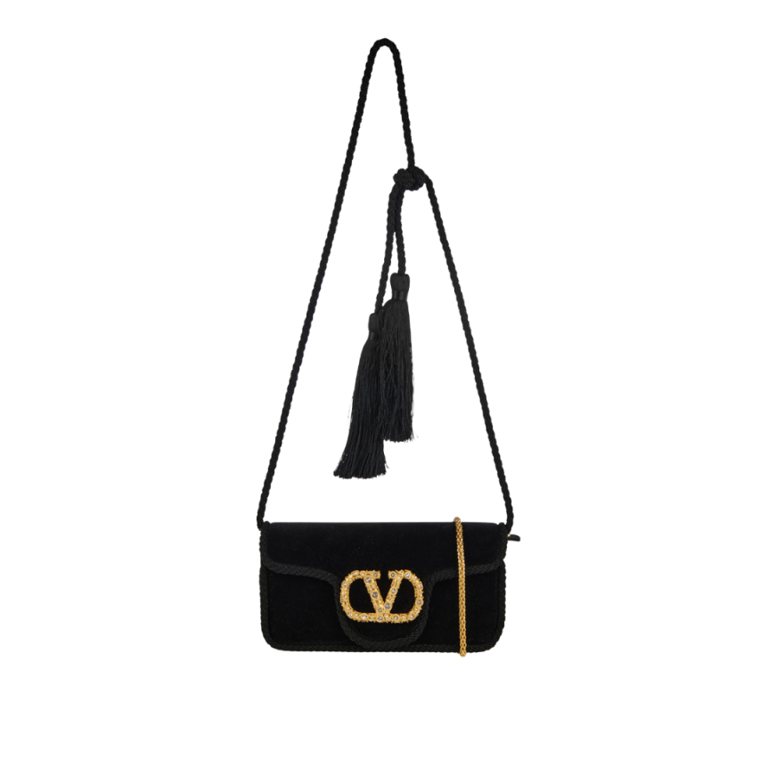 Sac porté épaule bandoulière VALENTINO Loco velours lisse noir Vlogo doré cristaux