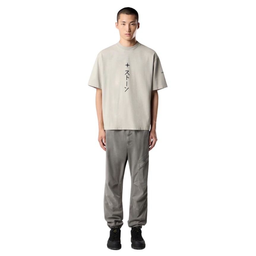 T-shirt col rond jersey coton bio gris perle imprimé Island caractère japonais