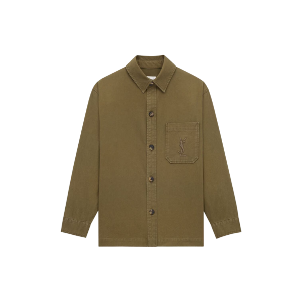Surchemise boutonnée SAINT LAURENT denim coton kaki poche poitrine broderie logo Cassandre