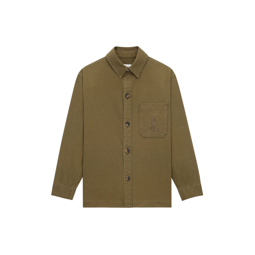 Surchemise boutonnée SAINT LAURENT denim coton kaki poche poitrine broderie logo Cassandre