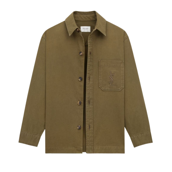 Surchemise boutonnée SAINT LAURENT denim coton kaki poche poitrine broderie logo Cassandre