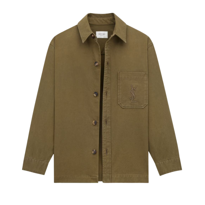 Surchemise boutonnée SAINT LAURENT denim coton kaki poche poitrine broderie logo Cassandre