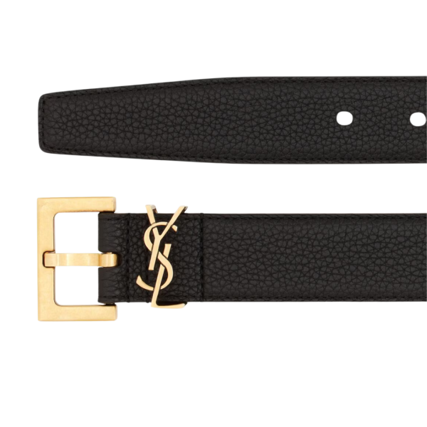 Ceinture SAINT LAURENT cuir veau grainé noir boucle carrée dorée Cassandre
