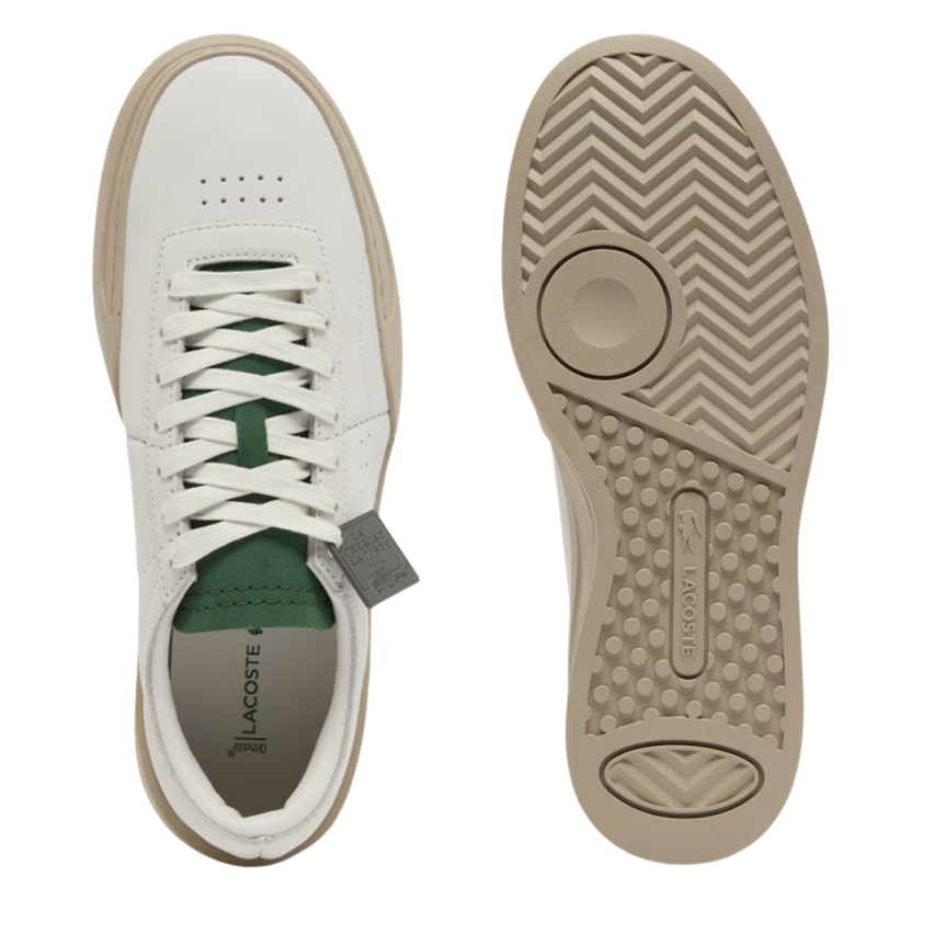 Baskets LACOSTE basses à lacets Aura Club cuir beige languette suède vert