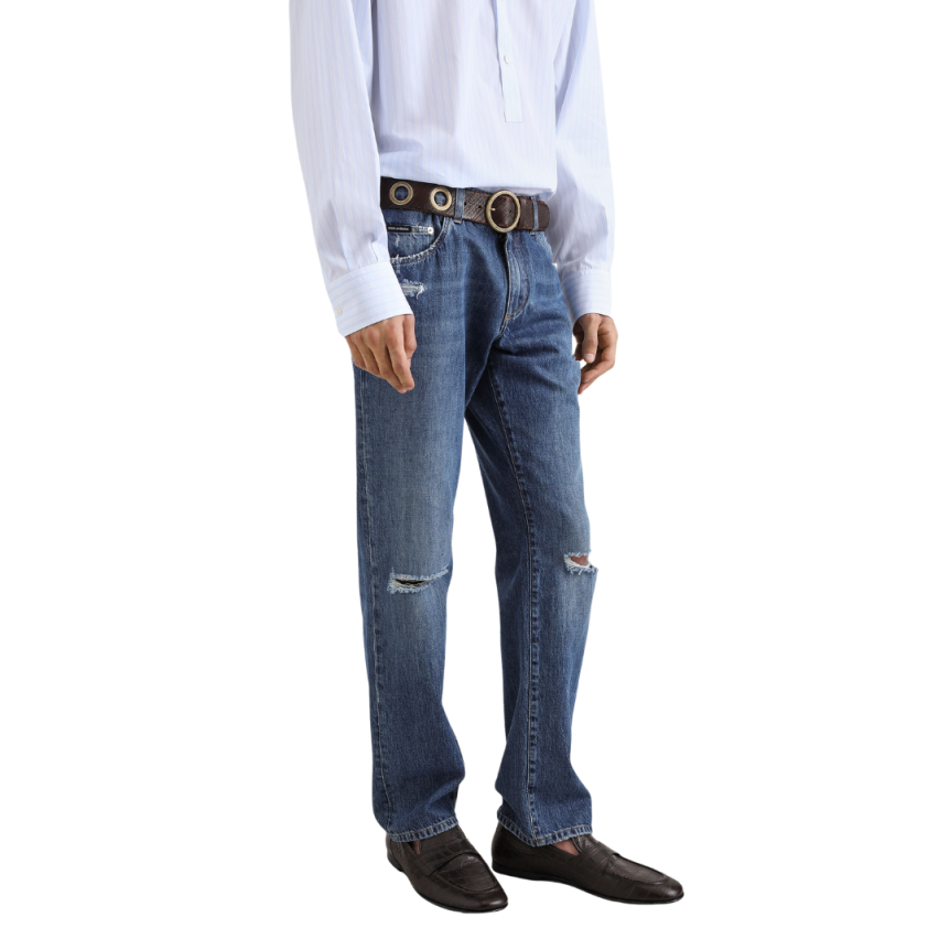 Jean classique DOLCE & GABBANA denim coton bleu foncé cinq poches abrasions