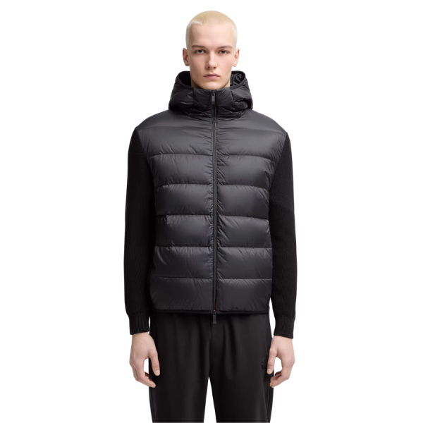 Sweat-shirt à capuche zippé MONCLER bi matière coton matelassé nylon noir