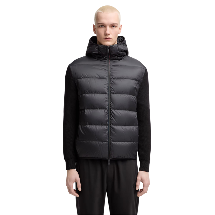 Sweat-shirt à capuche zippé MONCLER bi matière coton matelassé nylon noir