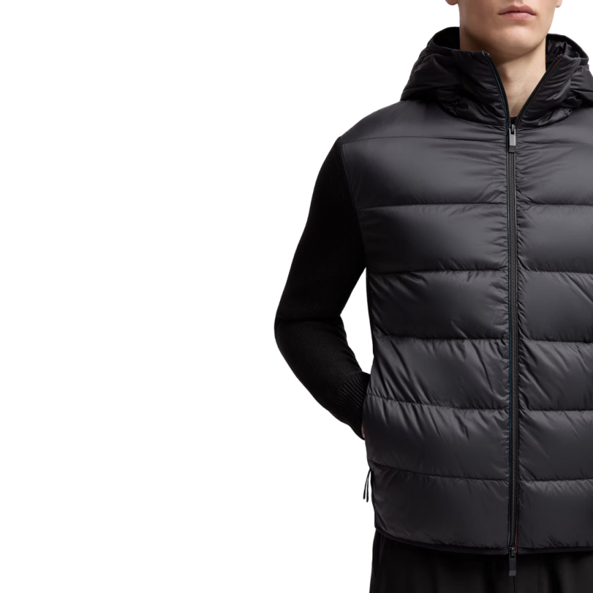 Sweat-shirt à capuche zippé MONCLER bi matière coton matelassé nylon noir