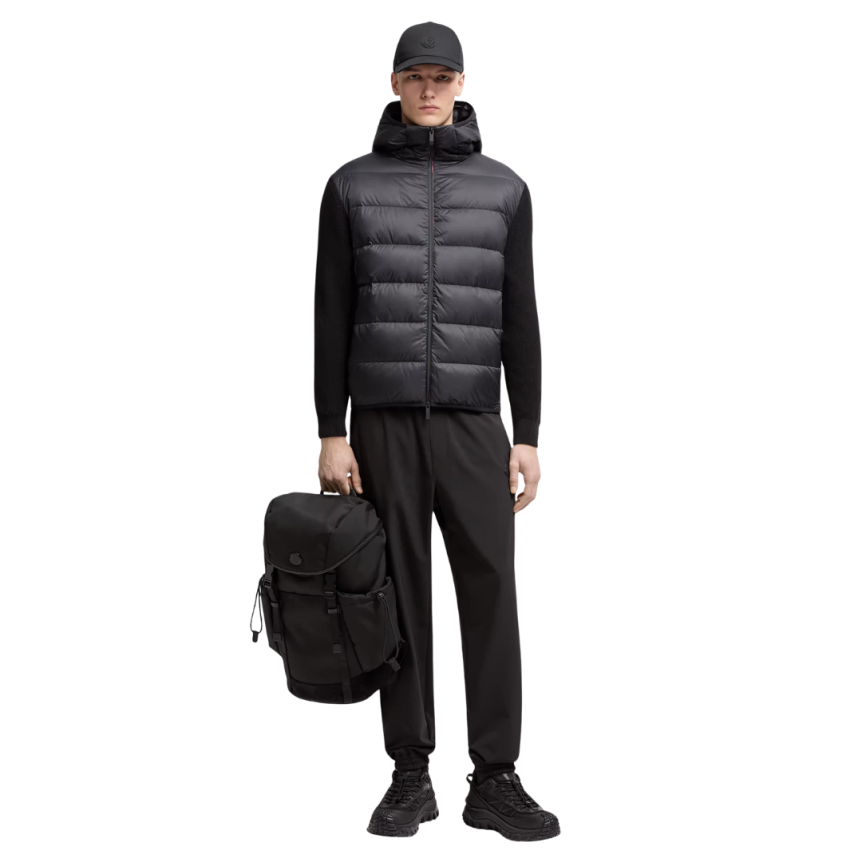 Sweat-shirt à capuche zippé MONCLER bi matière coton matelassé nylon noir