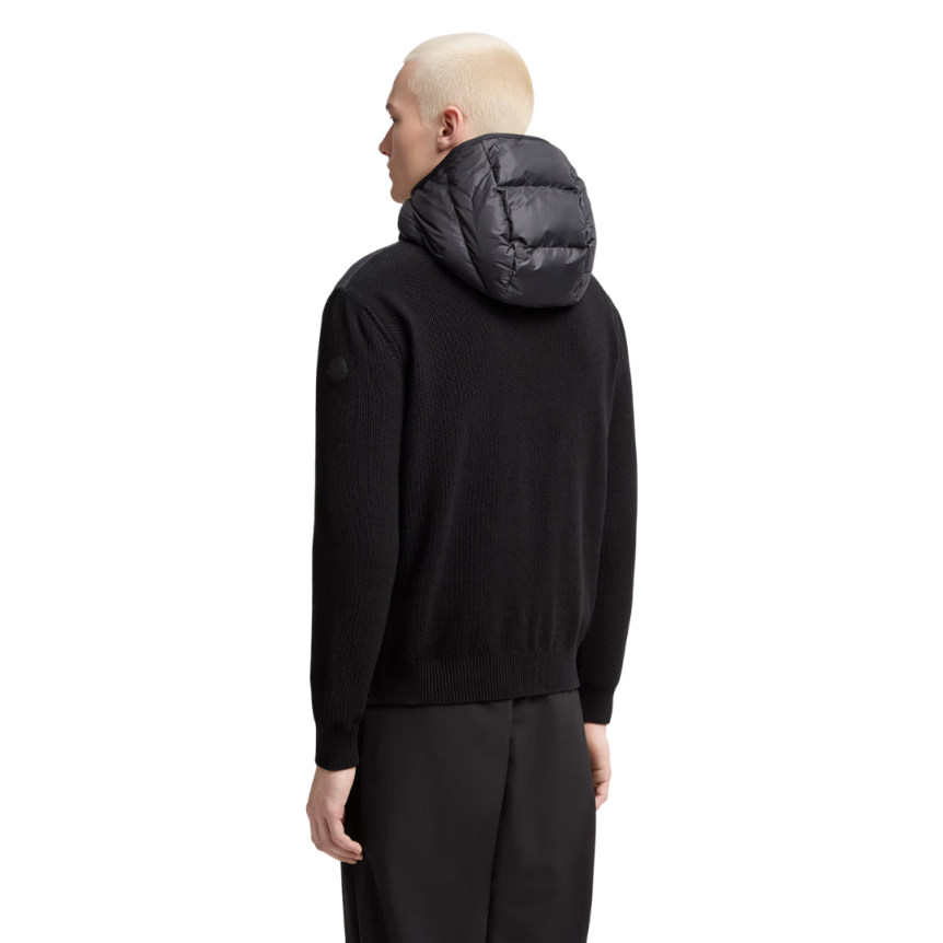 Sweat-shirt à capuche zippé MONCLER bi matière coton matelassé nylon noir