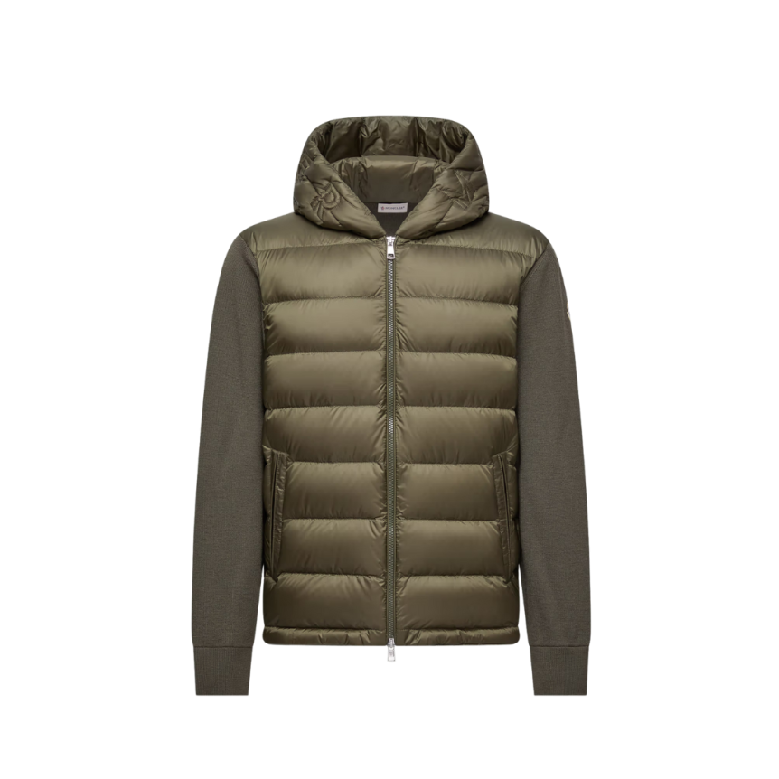 Cardigan à capuche zippé MONCLER matelassé bi matière laine nylon vert olive