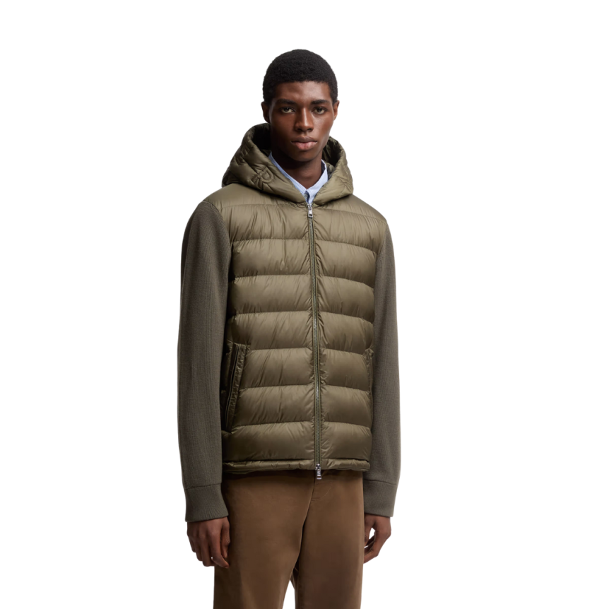 Cardigan à capuche zippé MONCLER matelassé bi matière laine nylon vert olive