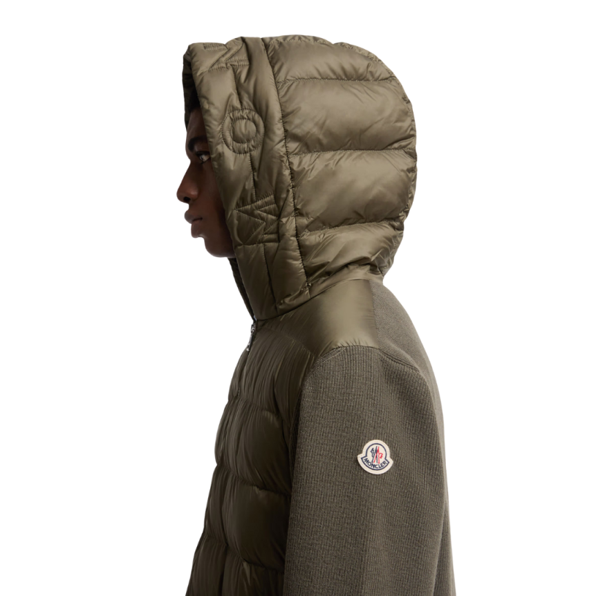 Cardigan à capuche zippé MONCLER matelassé bi matière laine nylon vert olive