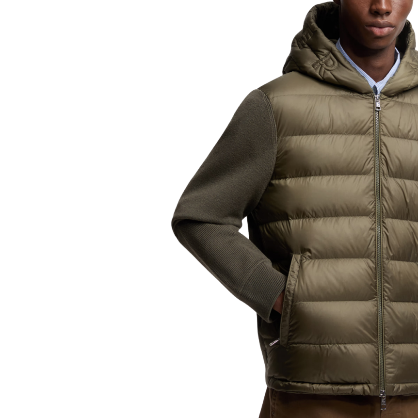 Cardigan à capuche zippé MONCLER matelassé bi matière laine nylon vert olive