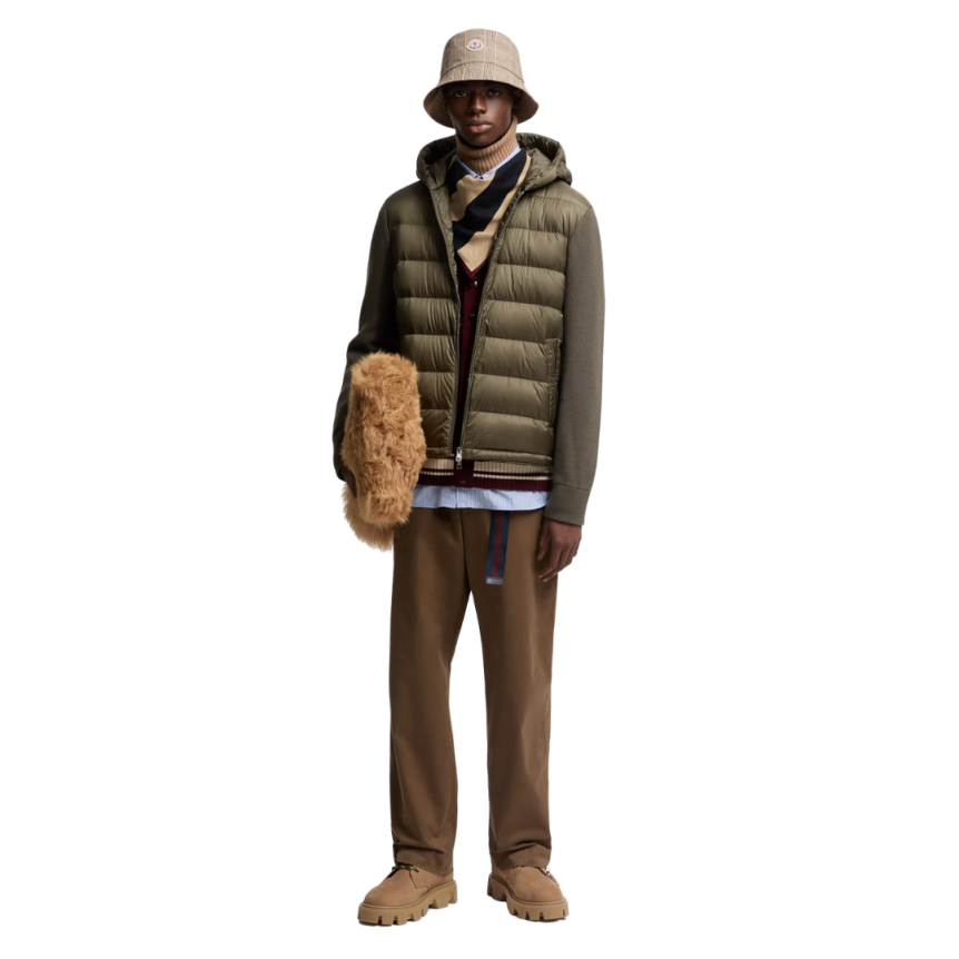Cardigan à capuche zippé MONCLER matelassé bi matière laine nylon vert olive