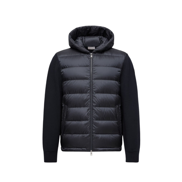 Cardigan à capuche zippé matelassé MONCLER bi matière laine nylon bleu marine