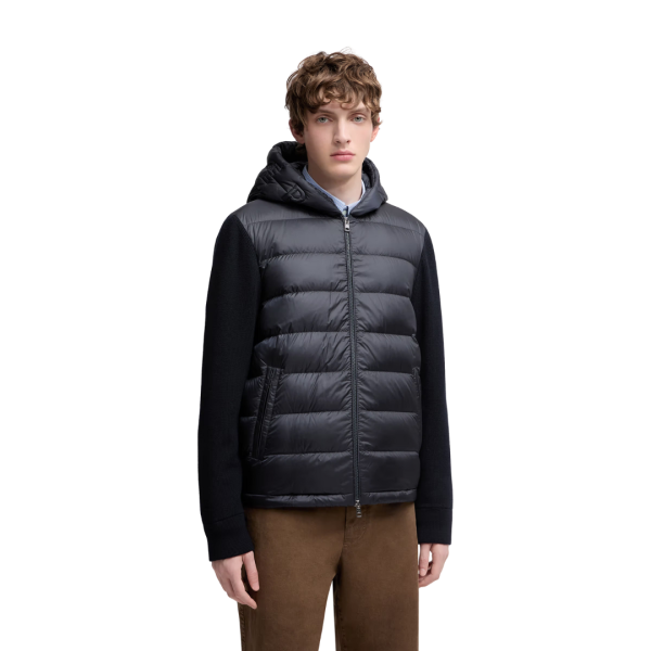 Cardigan à capuche zippé matelassé MONCLER bi matière laine nylon bleu marine