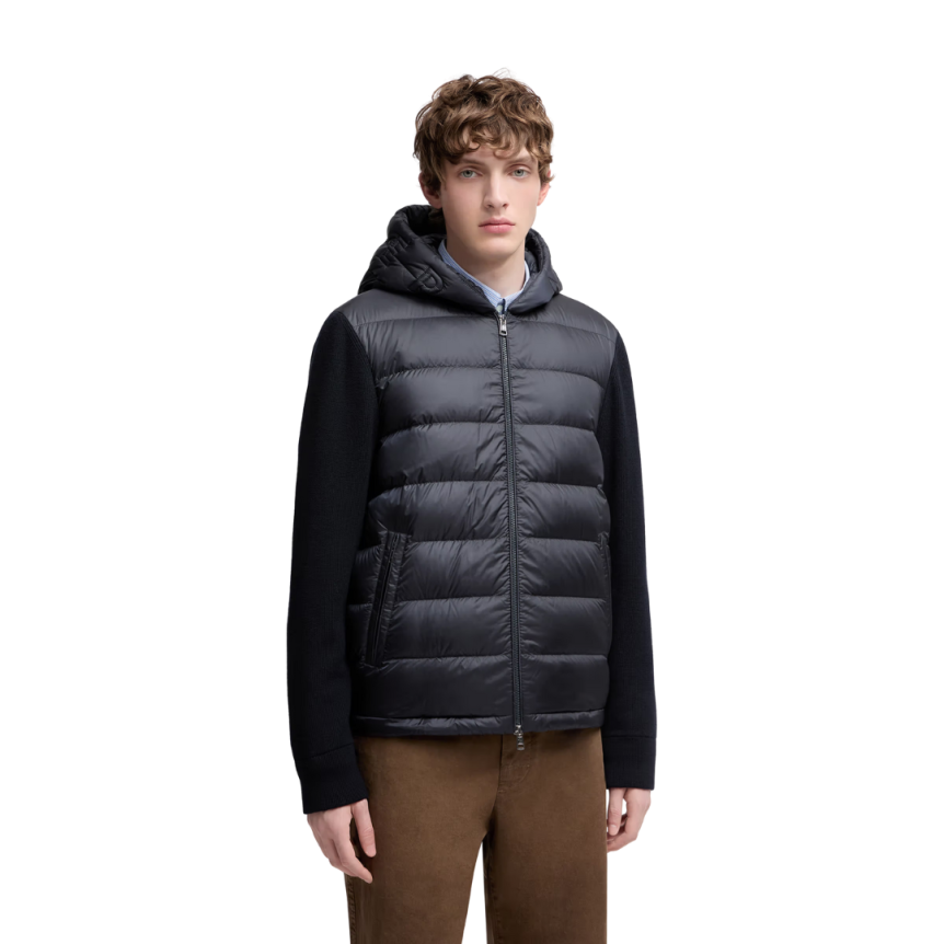 Cardigan à capuche zippé matelassé MONCLER bi matière laine nylon bleu marine