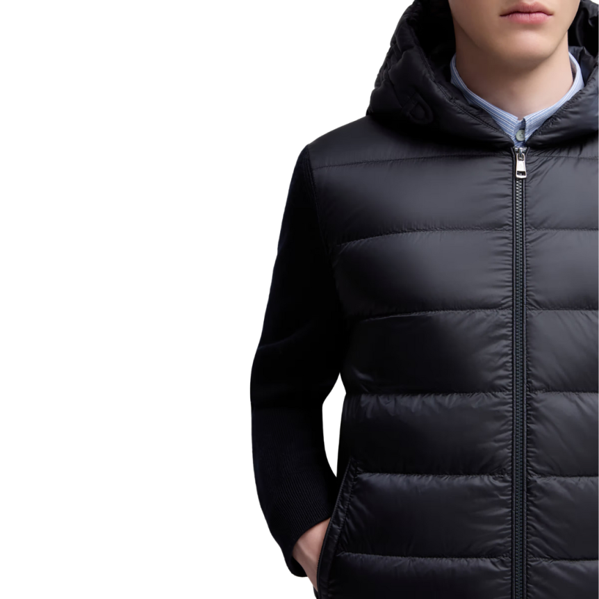 Cardigan à capuche zippé matelassé MONCLER bi matière laine nylon bleu marine