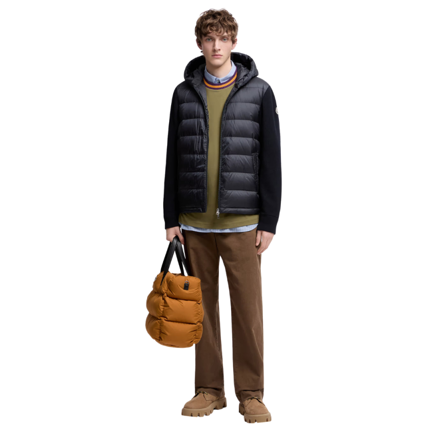 Cardigan à capuche zippé matelassé MONCLER bi matière laine nylon bleu marine